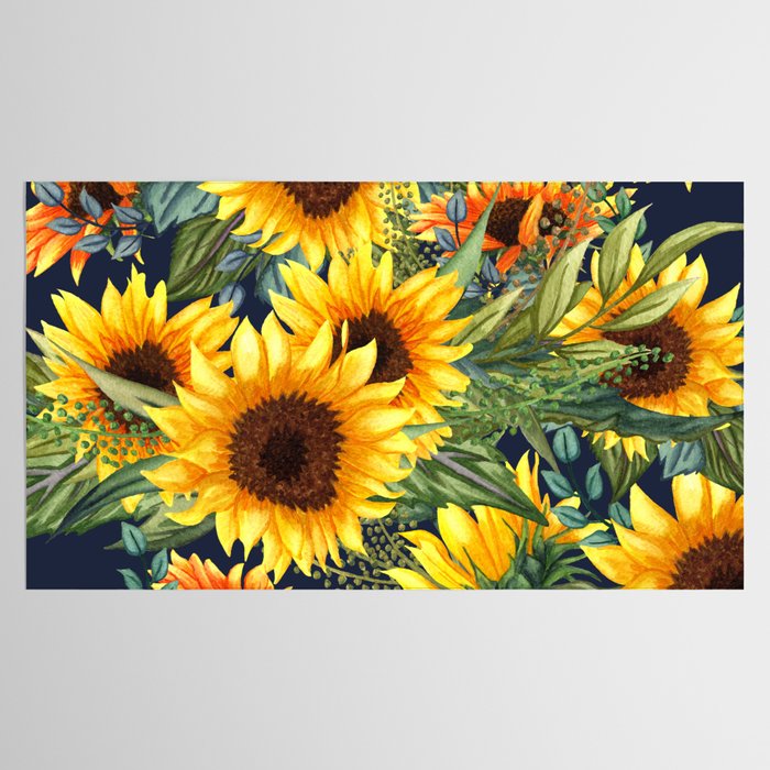 Festive, Sunflower, Yellow and Green on Navy Blue, Floral Prints Tablecloth Gallery Image 2