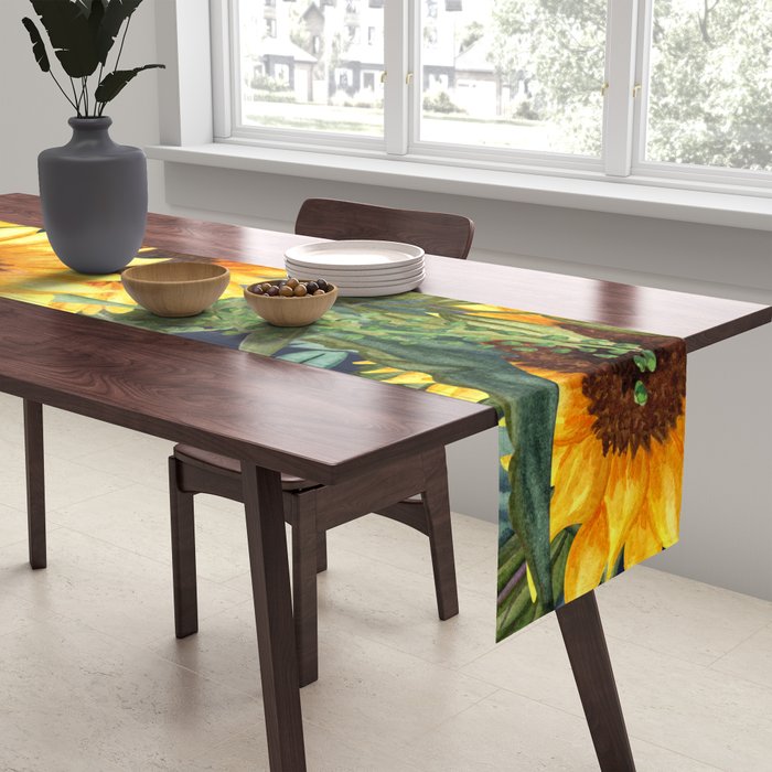 Festive, Sunflower, Yellow and Green on Navy Blue, Floral Prints Table Runner Gallery Image 2