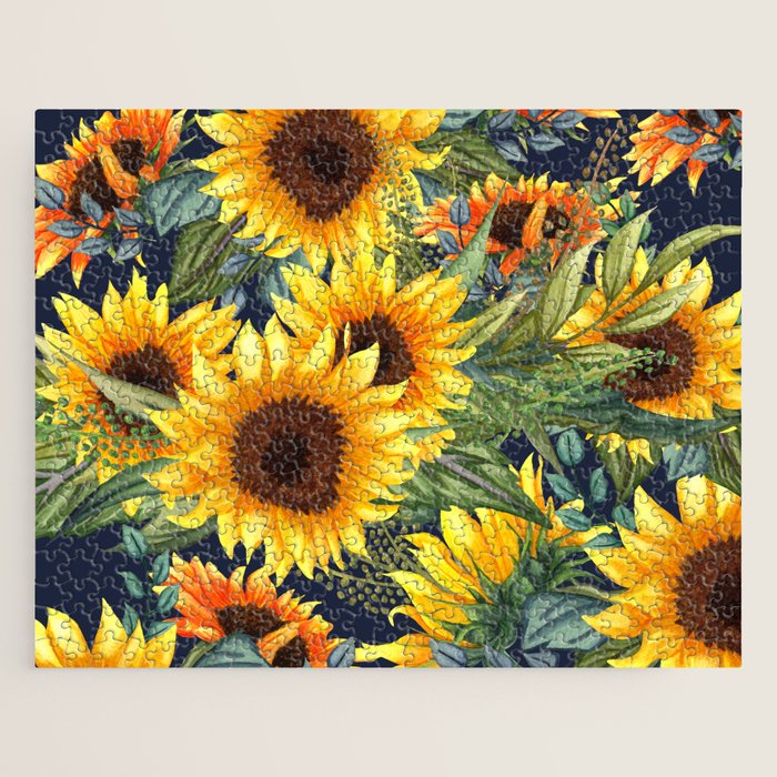 Festive, Sunflower, Yellow and Green on Navy Blue, Floral Prints Jigsaw Puzzle Gallery Image 1