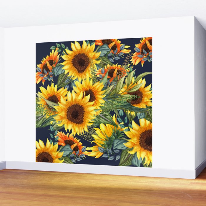 Festive, Sunflower, Yellow and Green on Navy Blue, Floral Prints Wall Mural Gallery Image 2