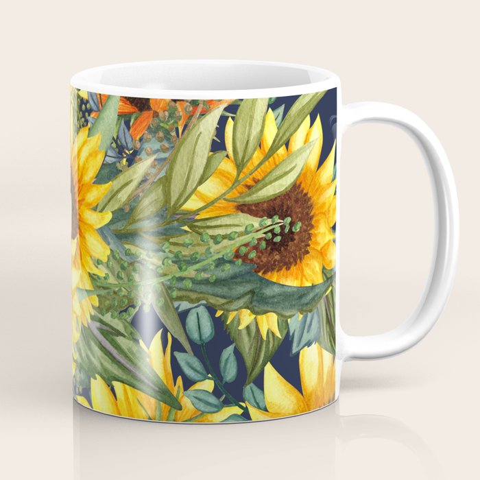 Festive, Sunflower, Yellow and Green on Navy Blue, Floral Prints Coffee Mug Gallery Image 1