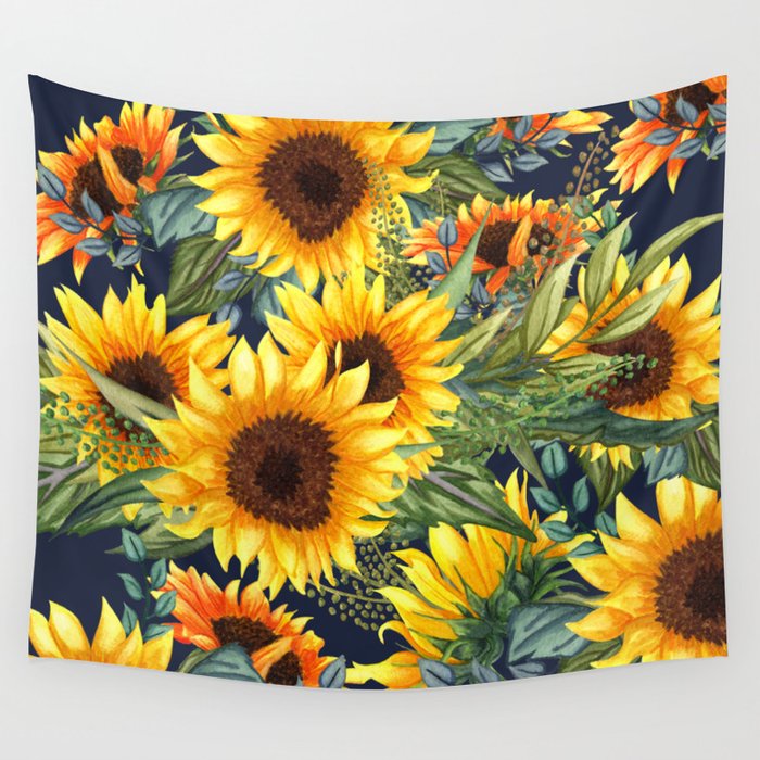 Festive, Sunflower, Yellow and Green on Navy Blue, Floral Prints Wall Tapestry Gallery Image 1