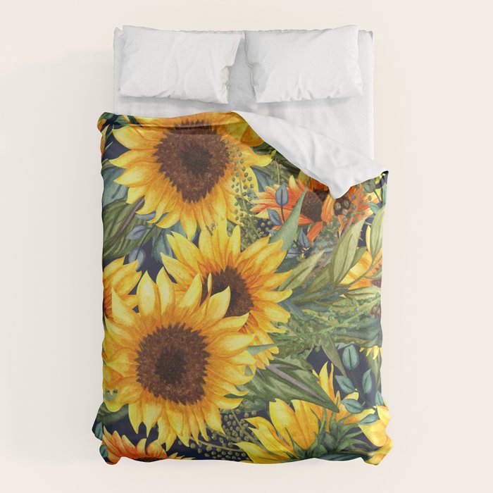 Festive, Sunflower, Yellow and Green on Navy Blue, Floral Prints Duvet Cover Gallery Image 6