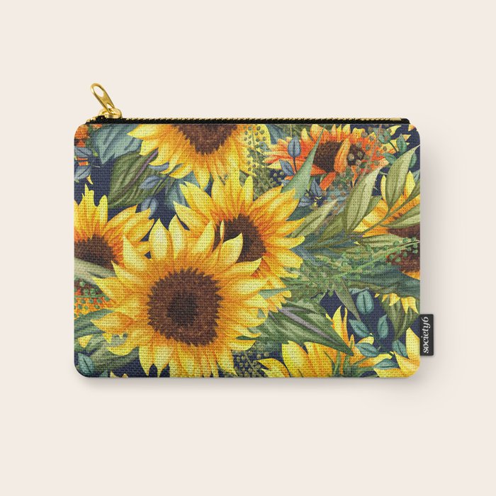 Festive, Sunflower, Yellow and Green on Navy Blue, Floral Prints Carry All Pouch Gallery Image 1