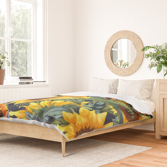 Festive, Sunflower, Yellow and Green on Navy Blue, Floral Prints Duvet Cover Gallery Image 2