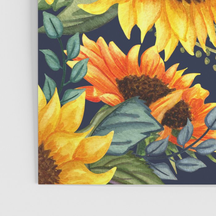 Festive, Sunflower, Yellow and Green on Navy Blue, Floral Prints Poster Gallery Image 3