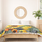 Festive, Sunflower, Yellow and Green on Navy Blue, Floral Prints Duvet Cover Gallery Image 3