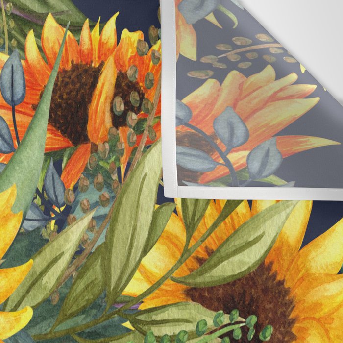 Festive, Sunflower, Yellow and Green on Navy Blue, Floral Prints Wall Tapestry Gallery Image 3