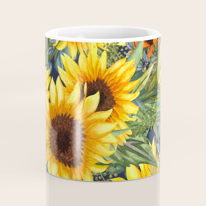 Festive, Sunflower, Yellow and Green on Navy Blue, Floral Prints Coffee Mug Gallery Image 4