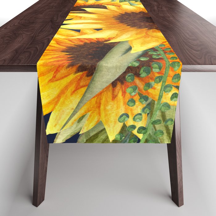 Festive, Sunflower, Yellow and Green on Navy Blue, Floral Prints Table Runner Gallery Image 1
