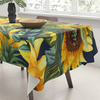 Festive, Sunflower, Yellow and Green on Navy Blue, Floral Prints Tablecloth Gallery Image 3