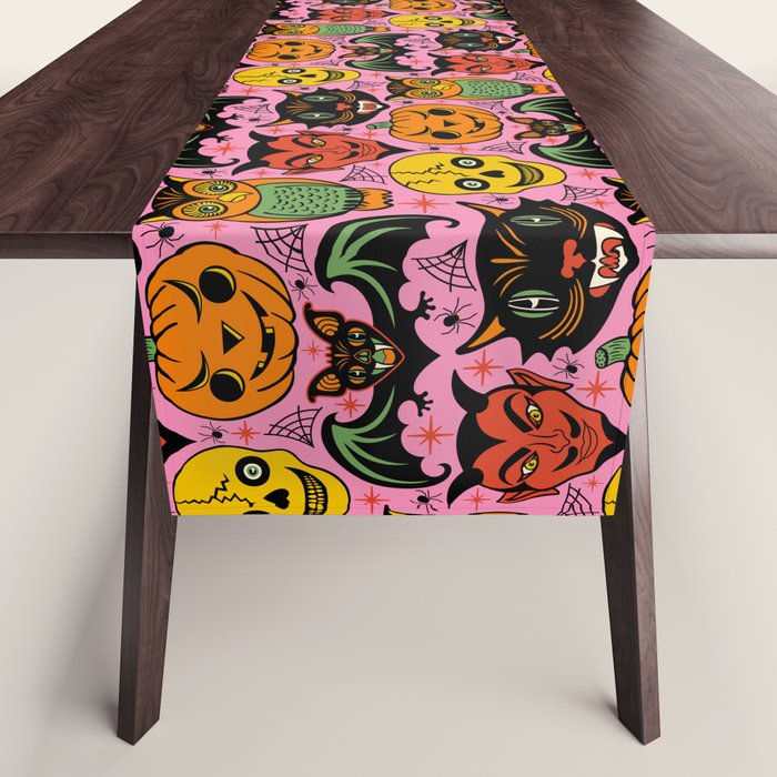Retro Halloween in Pink - Skull Black Cat Devil Pumpkin Bat Owl Motifs Table Runner Gallery Image 1