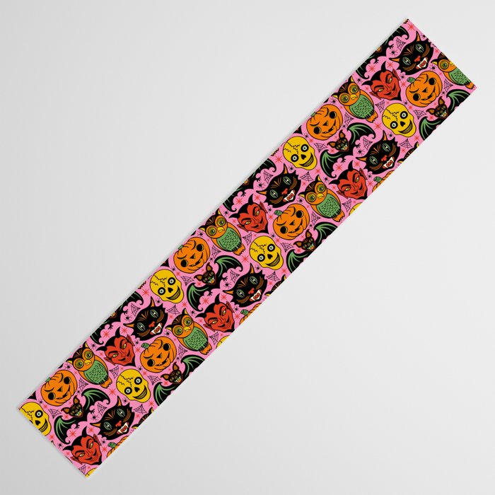 Retro Halloween in Pink - Skull Black Cat Devil Pumpkin Bat Owl Motifs Table Runner Gallery Image 3