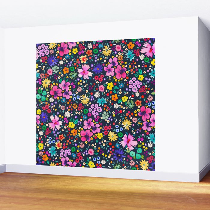 Millefleurs Spring Little Flowers Folky Navy Wall Mural Gallery Image 2