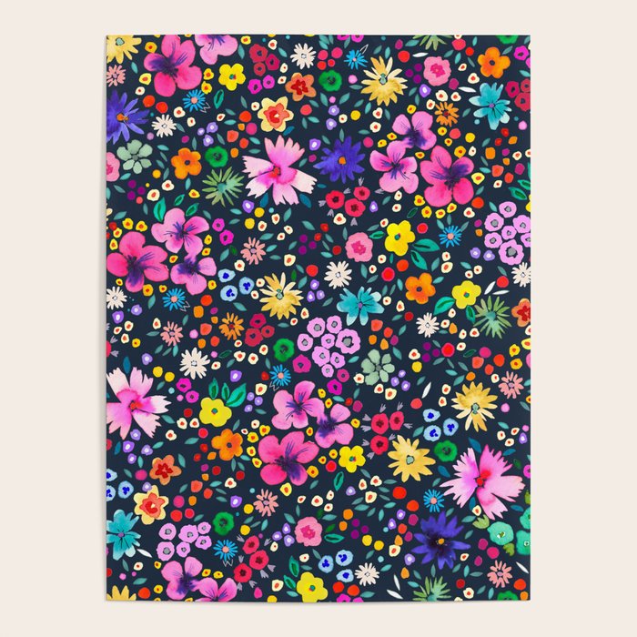 Millefleurs Spring Little Flowers Folky Navy Poster Gallery Image 4