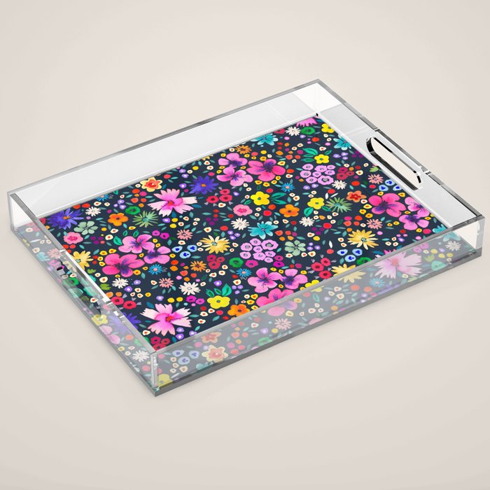 Millefleurs Spring Little Flowers Folky Navy Acrylic Tray Gallery Image 1
