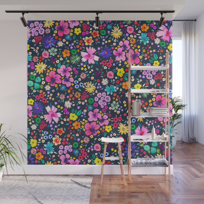 Millefleurs Spring Little Flowers Folky Navy Wall Mural Gallery Image 1