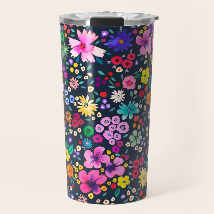 Millefleurs Spring Little Flowers Folky Navy Travel Mug Gallery Image 1