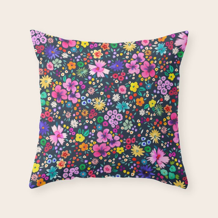 Millefleurs Spring Little Flowers Folky Navy Throw Pillow Gallery Image 1