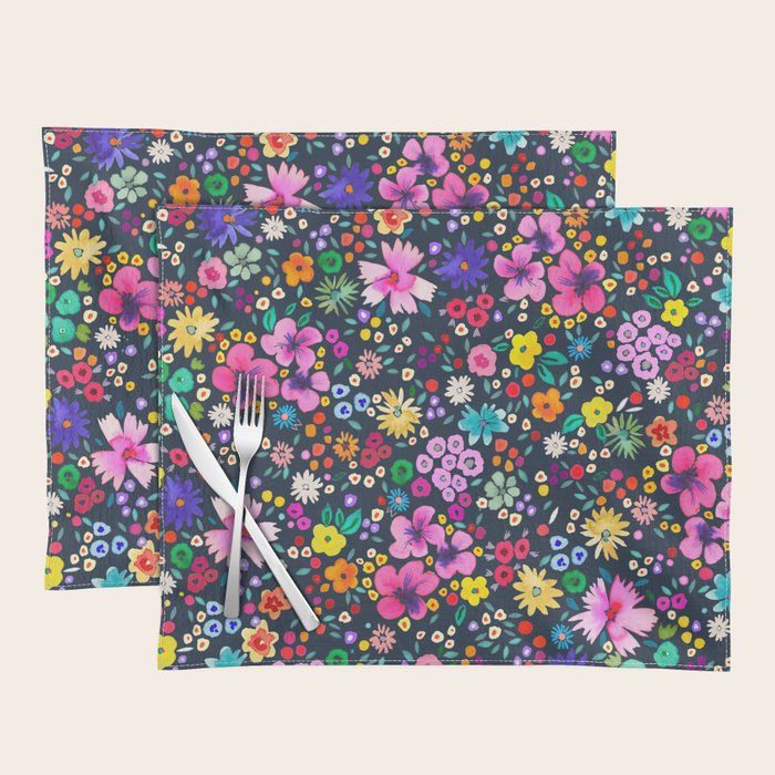 Millefleurs Spring Little Flowers Folky Navy Placemat Gallery Image 1