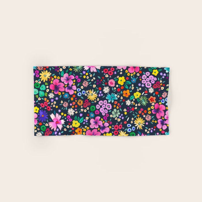 Millefleurs Spring Little Flowers Folky Navy Bath Towel Gallery Image 1