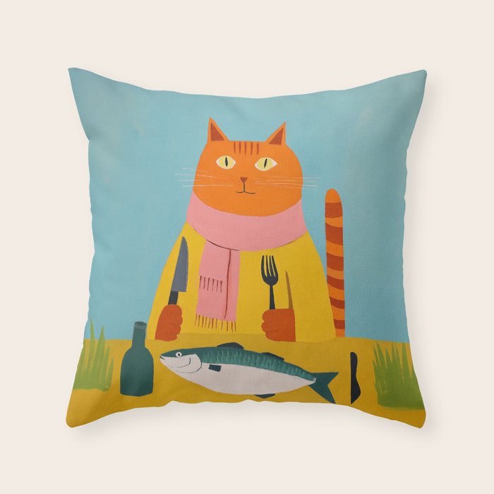 Hungry Cats Fish Feast Throw Pillow Gallery Image 1