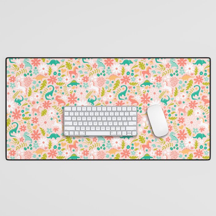 Dinosaurs + Unicorns in Pink + Teal Desk Mat Gallery Image 1