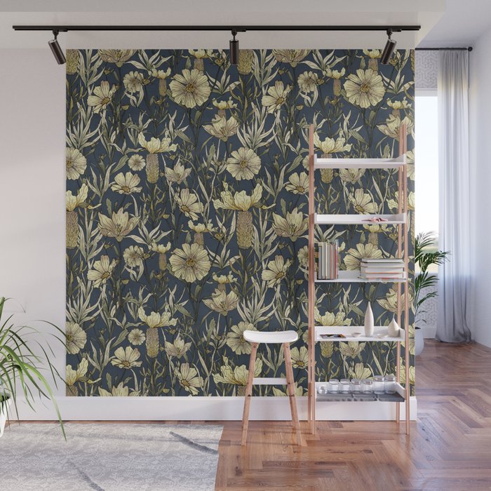 Midnight blue hand-drawn vintage garden  Wall Mural Gallery Image 1