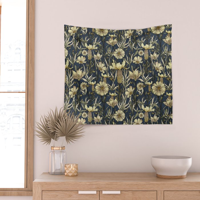 Midnight blue hand-drawn vintage garden  Wall Tapestry Gallery Image 2