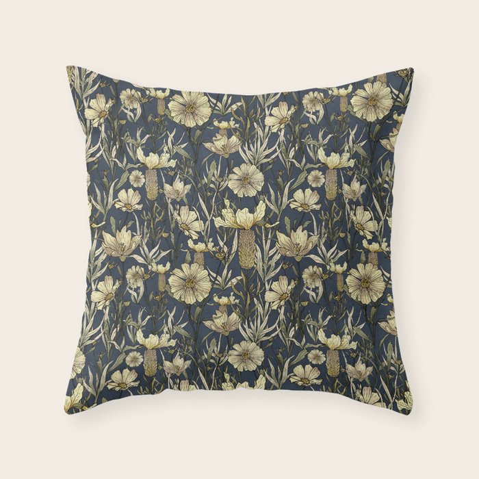 Midnight blue hand-drawn vintage garden  Throw Pillow Gallery Image 1