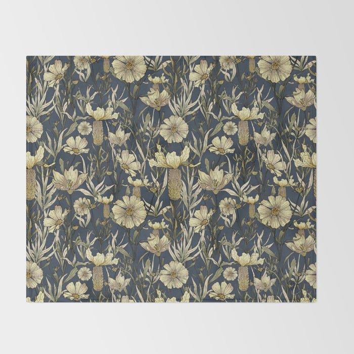 Midnight blue hand-drawn vintage garden  Throw Blanket Gallery Image 2