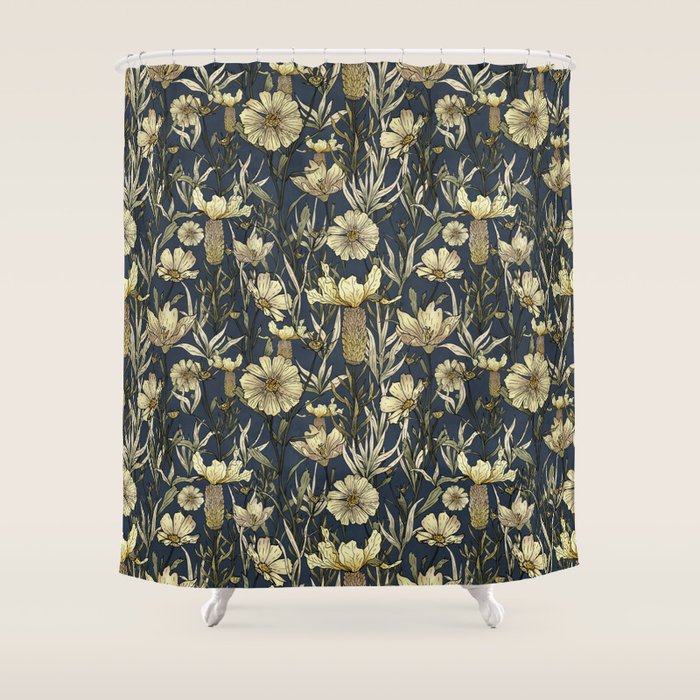 Midnight blue hand-drawn vintage garden  Shower Curtain Gallery Image 1