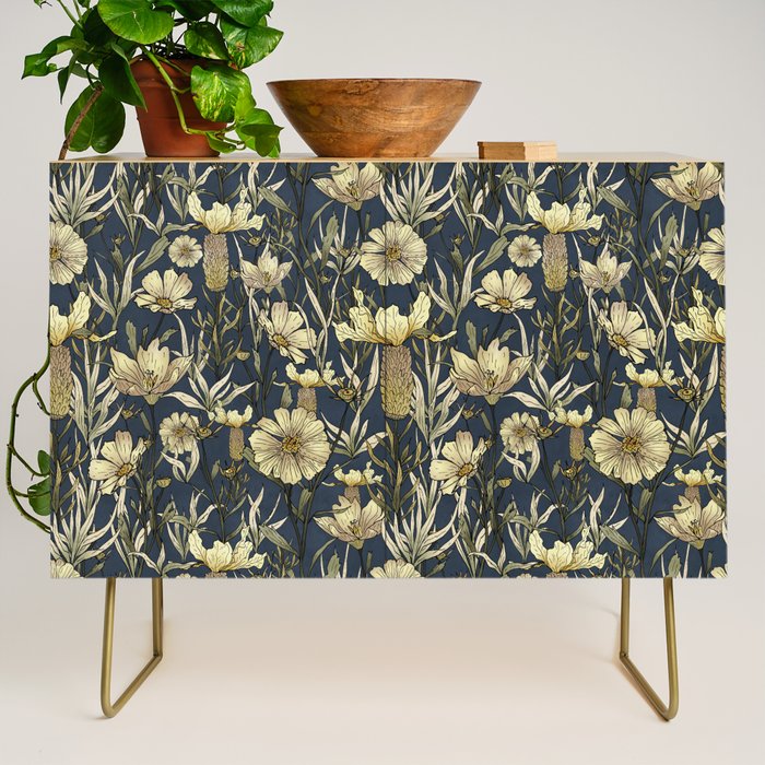 Midnight blue hand-drawn vintage garden  Credenza Gallery Image 1