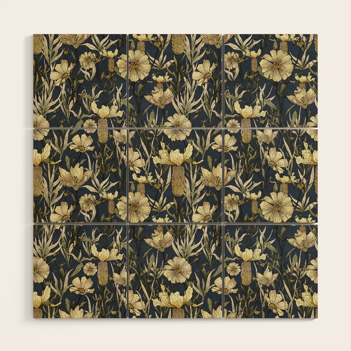 Midnight blue hand-drawn vintage garden  Wood Wall Art Gallery Image 1