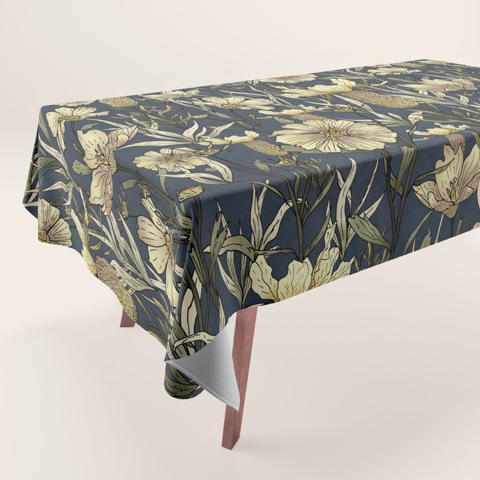 Midnight blue hand-drawn vintage garden  Tablecloth Gallery Image 1