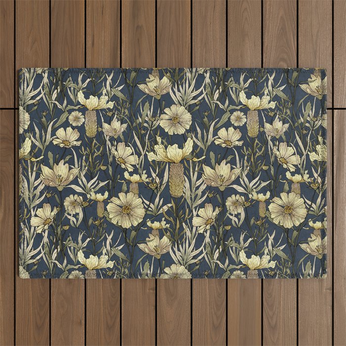 Midnight blue hand-drawn vintage garden  Outdoor Rug Gallery Image 1