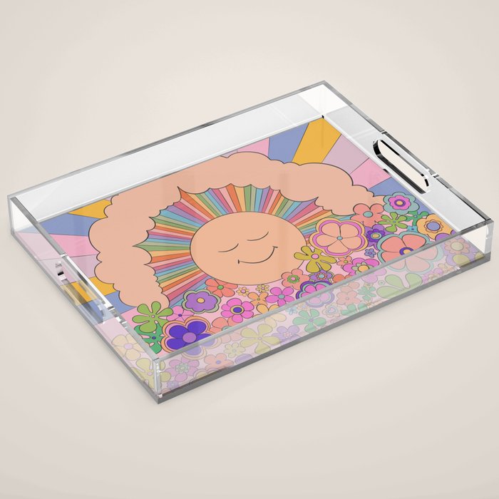 Pastel Retro Hippie Boho Rainbows and Sunshine Poster Acrylic Tray Gallery Image 1