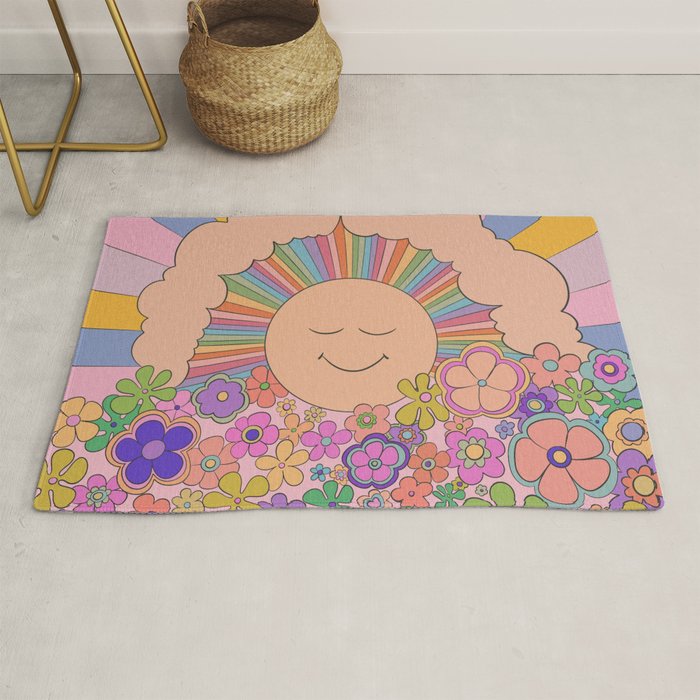Pastel Retro Hippie Boho Rainbows and Sunshine Poster Rug Gallery Image 1