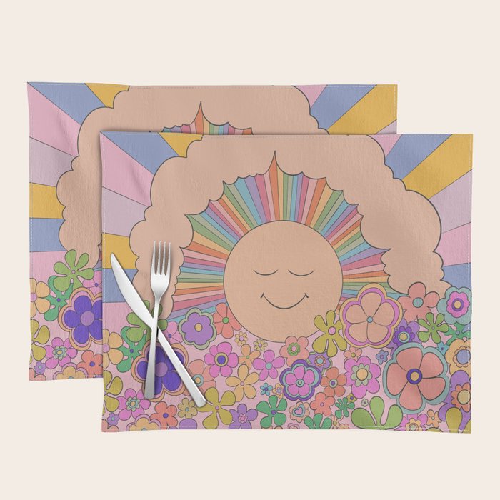 Pastel Retro Hippie Boho Rainbows and Sunshine Poster Placemat Gallery Image 1
