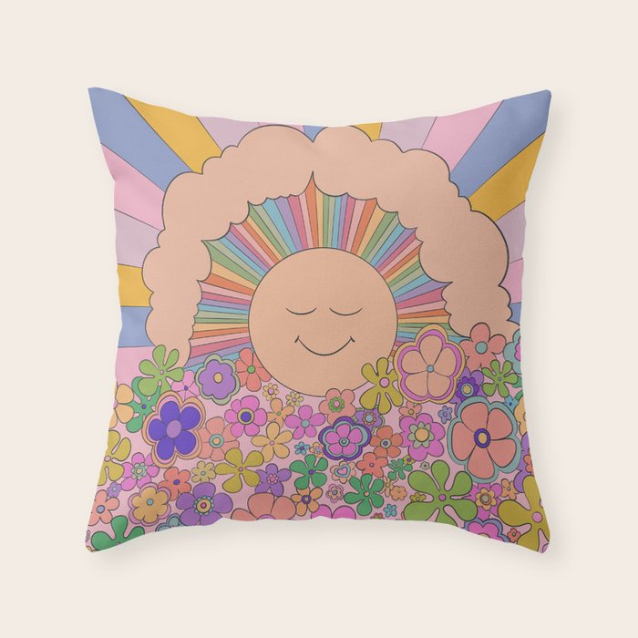 Pastel Retro Hippie Boho Rainbows and Sunshine Poster Throw Pillow Gallery Image 1
