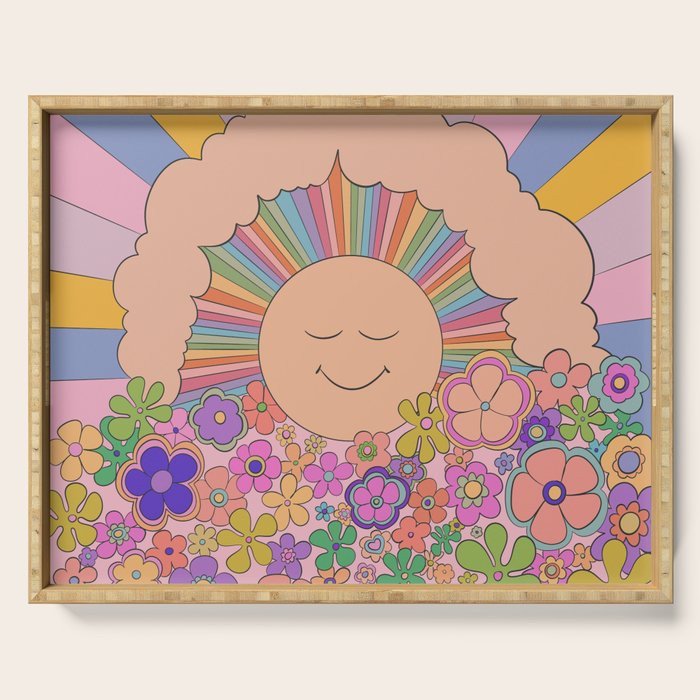 Pastel Retro Hippie Boho Rainbows and Sunshine Poster Serving Tray Gallery Image 1