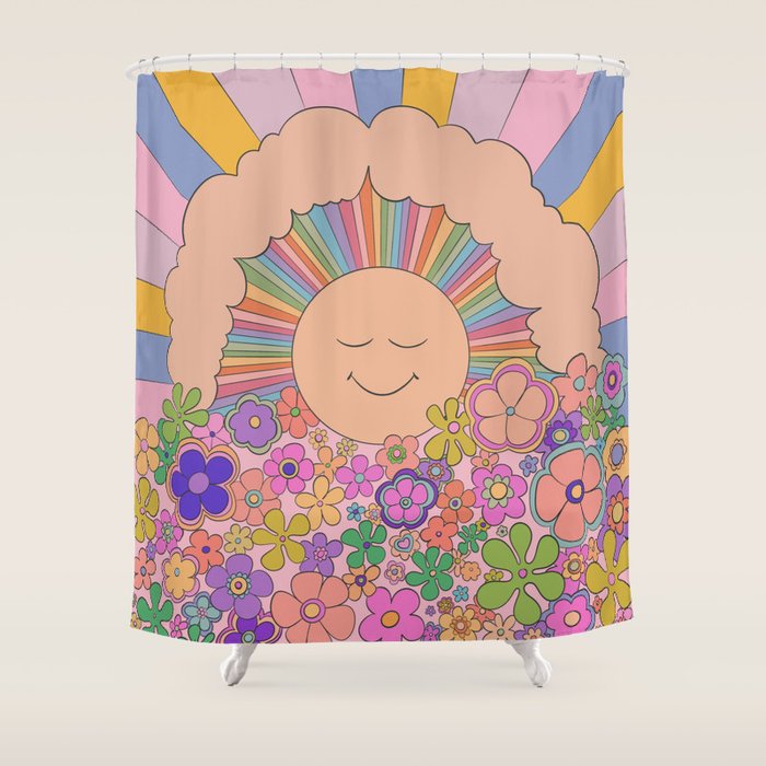 Pastel Retro Hippie Boho Rainbows and Sunshine Poster Shower Curtain Gallery Image 1