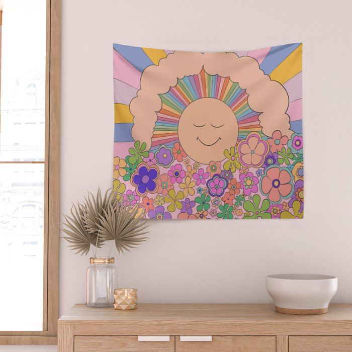 Pastel Retro Hippie Boho Rainbows and Sunshine Poster Wall Tapestry Gallery Image 2