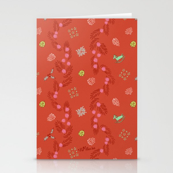 Whimsical Tiny Toys & Pine Branches in Red Stationery Card Gallery Image 2
