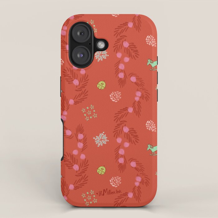 Whimsical Tiny Toys & Pine Branches in Red iPhone Case Gallery Image 1