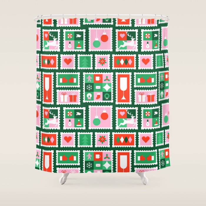 Christmas postage stamp pattern Shower Curtain Gallery Image 1