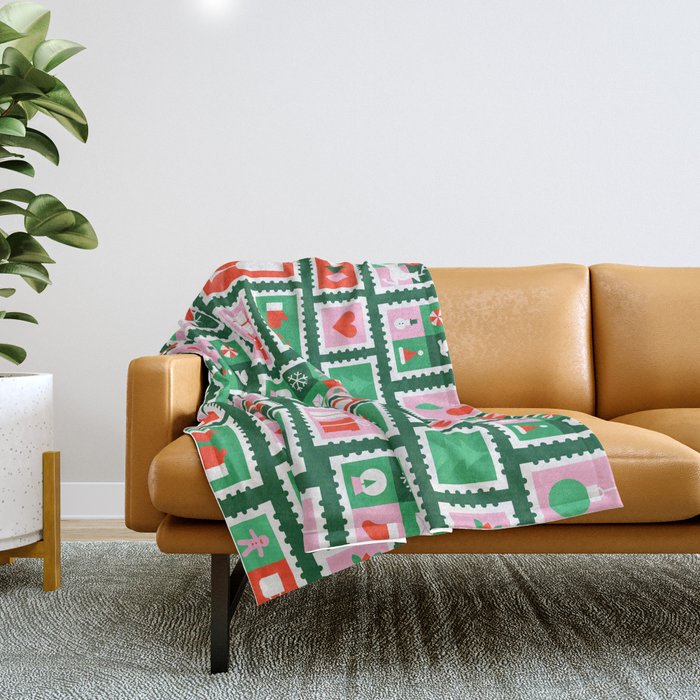 Christmas postage stamp pattern Throw Blanket Gallery Image 1