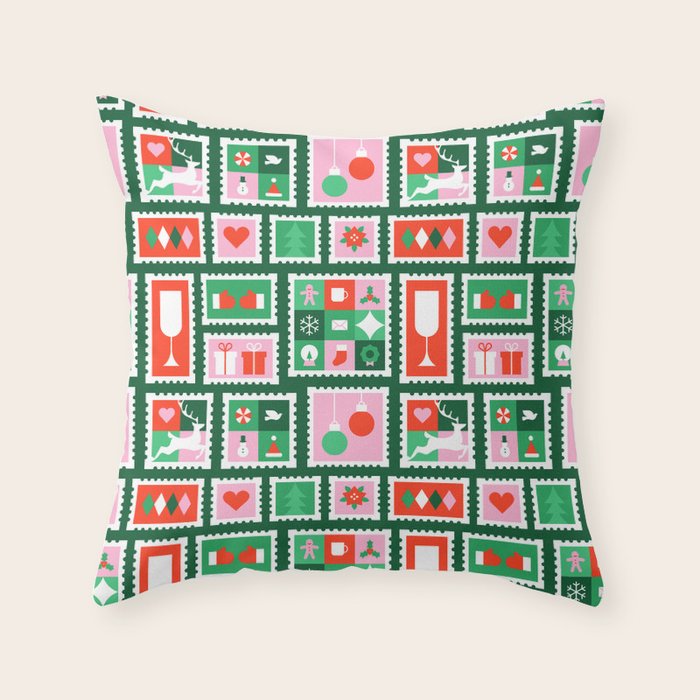 Christmas postage stamp pattern Throw Pillow Gallery Image 1