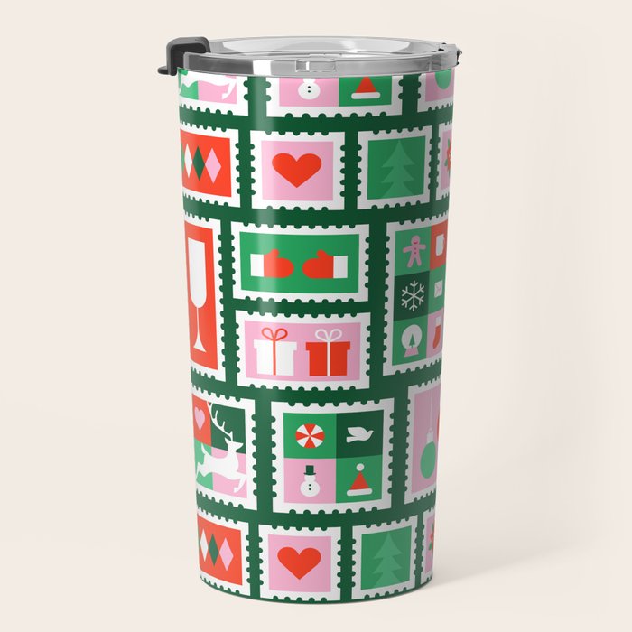 Christmas postage stamp pattern Travel Mug Gallery Image 3