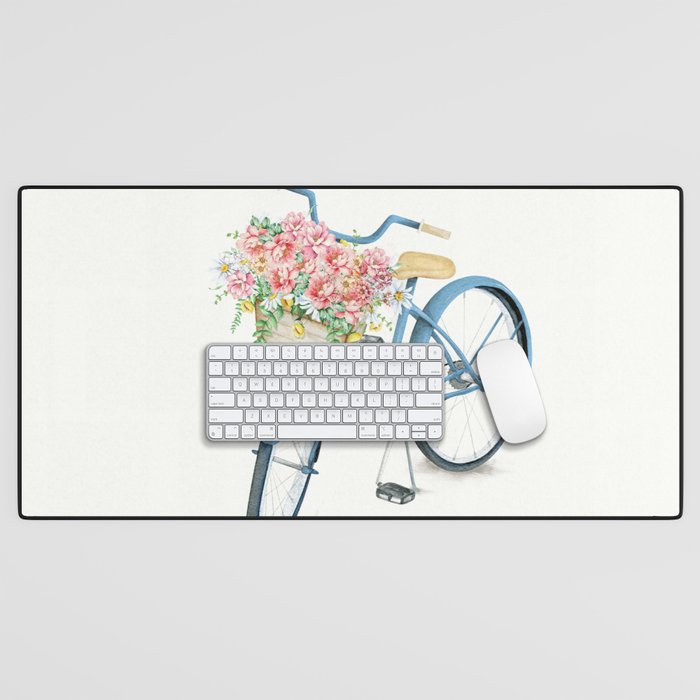 Blue Bicycle with Flowers in Basket Desk Mat Gallery Image 1